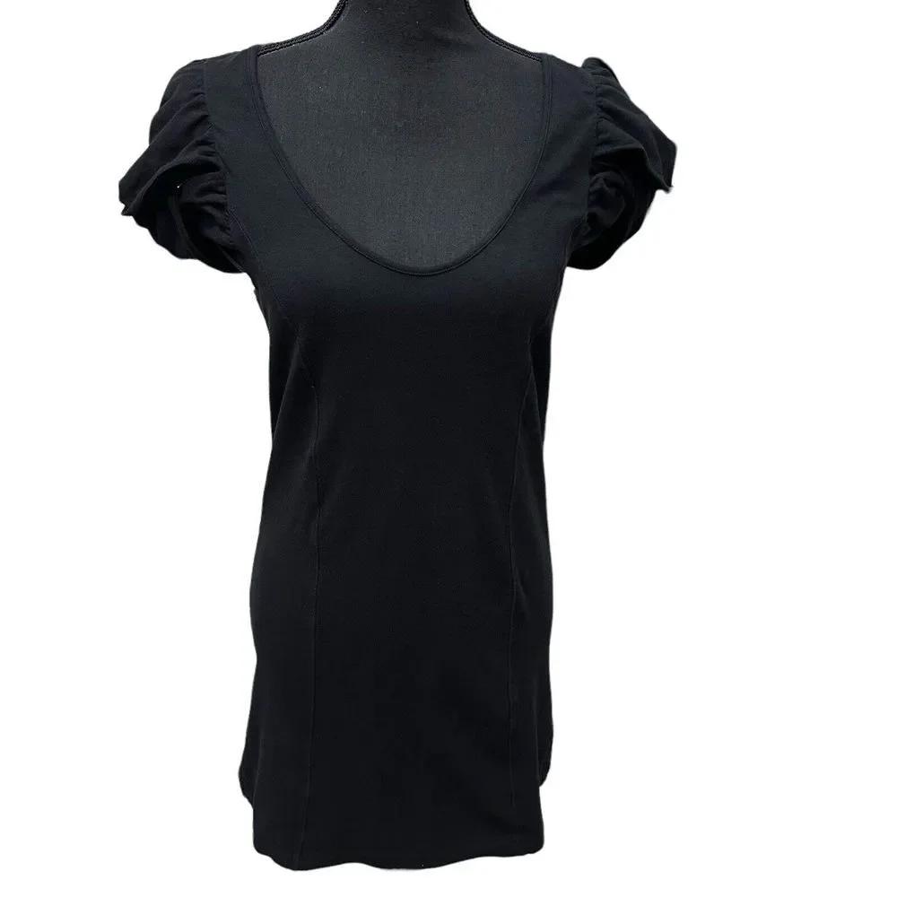 Free People Womens Cotton Floral Lace Puff Sleeve A-Line Dress Black‎ Size L
